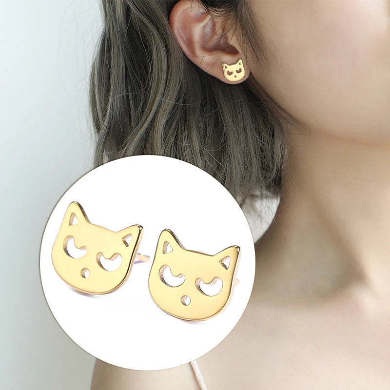 Cute Small Cat Kitten Stud Earrings Stainless Steel Gold Color Earrings for Women Girls - PeticaDeals