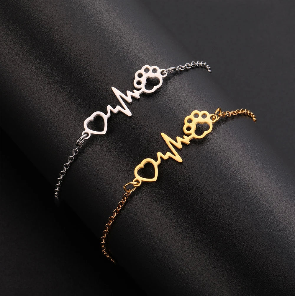 Cute Stainless Steel Gold Color Heartbeat Cat Dog Paw Anklet For Women Lucky Red Rope - PeticaDeals