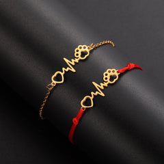 Cute Stainless Steel Gold Color Heartbeat Cat Dog Paw Anklet For Women Lucky Red Rope - PeticaDeals