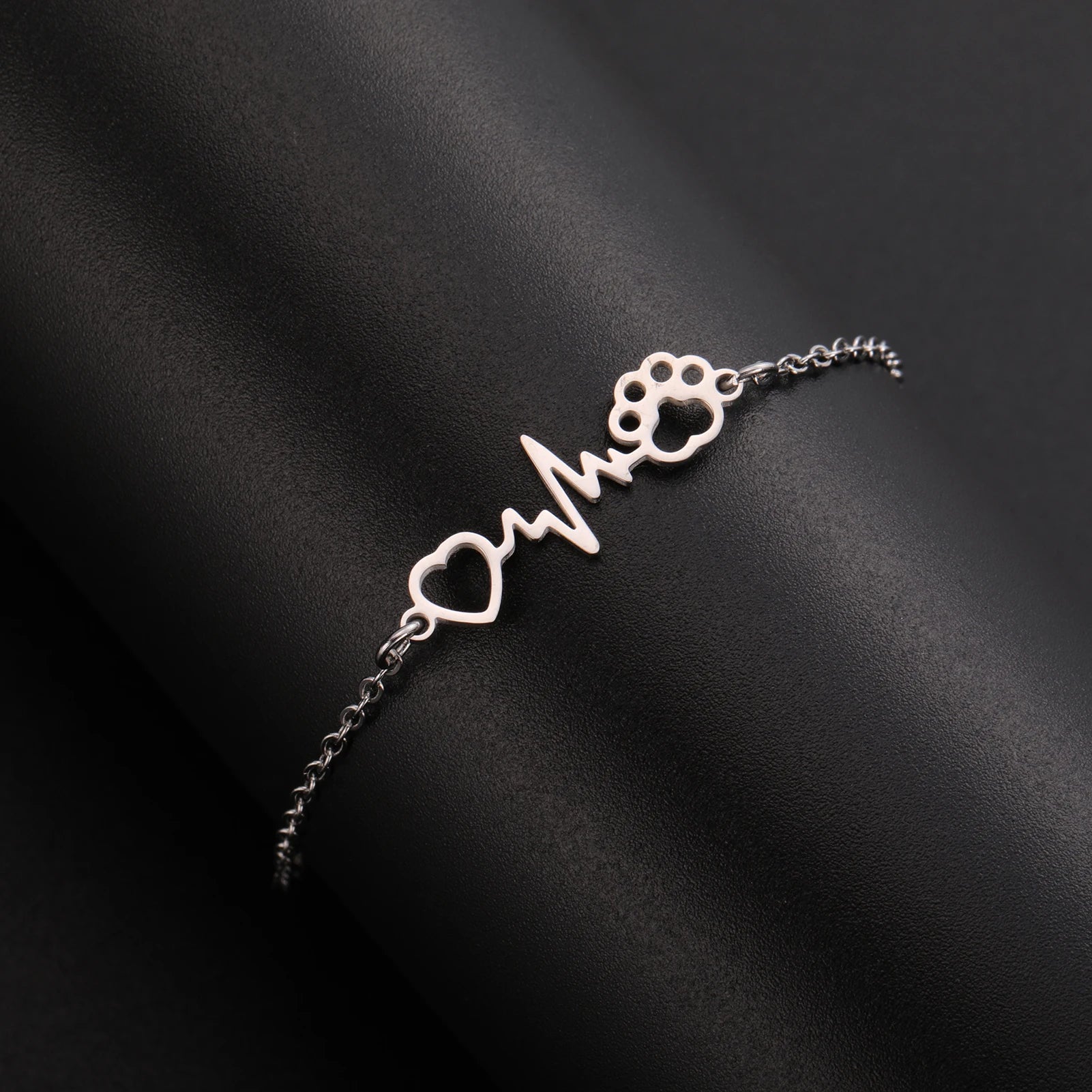 Cute Stainless Steel Gold Color Heartbeat Cat Dog Paw Anklet For Women Lucky Red Rope - PeticaDeals