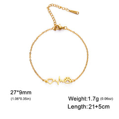 Cute Stainless Steel Gold Color Heartbeat Cat Dog Paw Anklet For Women Lucky Red Rope - PeticaDeals