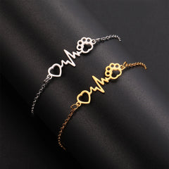 Cute Stainless Steel Gold Color Heartbeat Cat Dog Paw Anklet For Women Lucky Red Rope - PeticaDeals