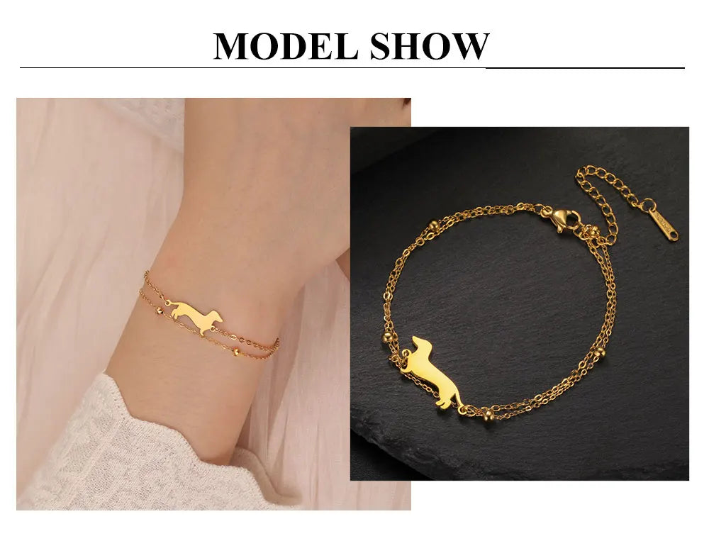 Dachshund Dog Bracelets for Women Stainless Steel Double Layers Beads Chain Puppy Pet Bracelets - PeticaDeals
