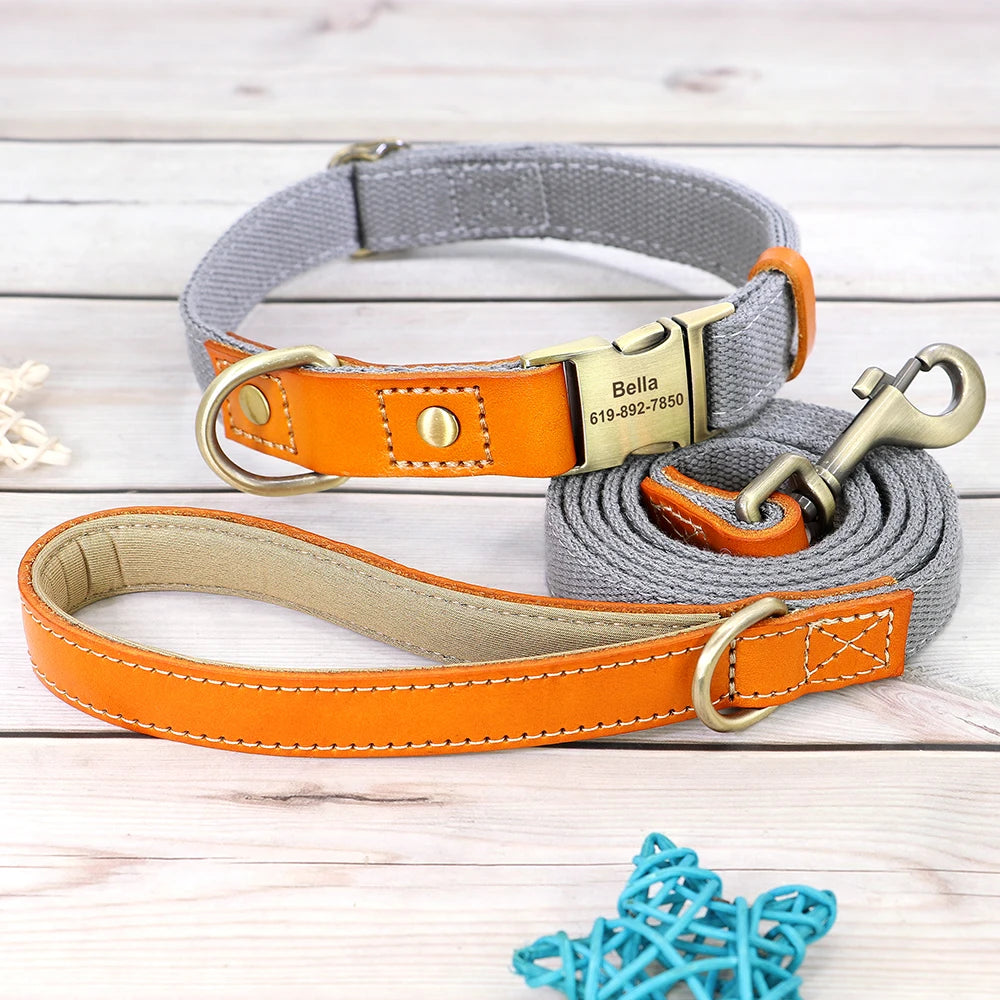 Dog Collar Real Leather Nylon Dog Collars and leash Set Durable Adjustable ID Collars for Small Medium Large Dogs - PeticaDeals