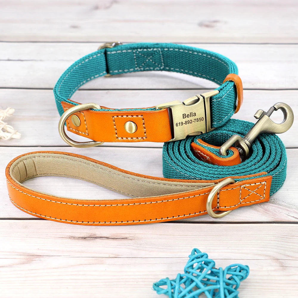 Dog Collar Real Leather Nylon Dog Collars and leash Set Durable Adjustable ID Collars for Small Medium Large Dogs - PeticaDeals