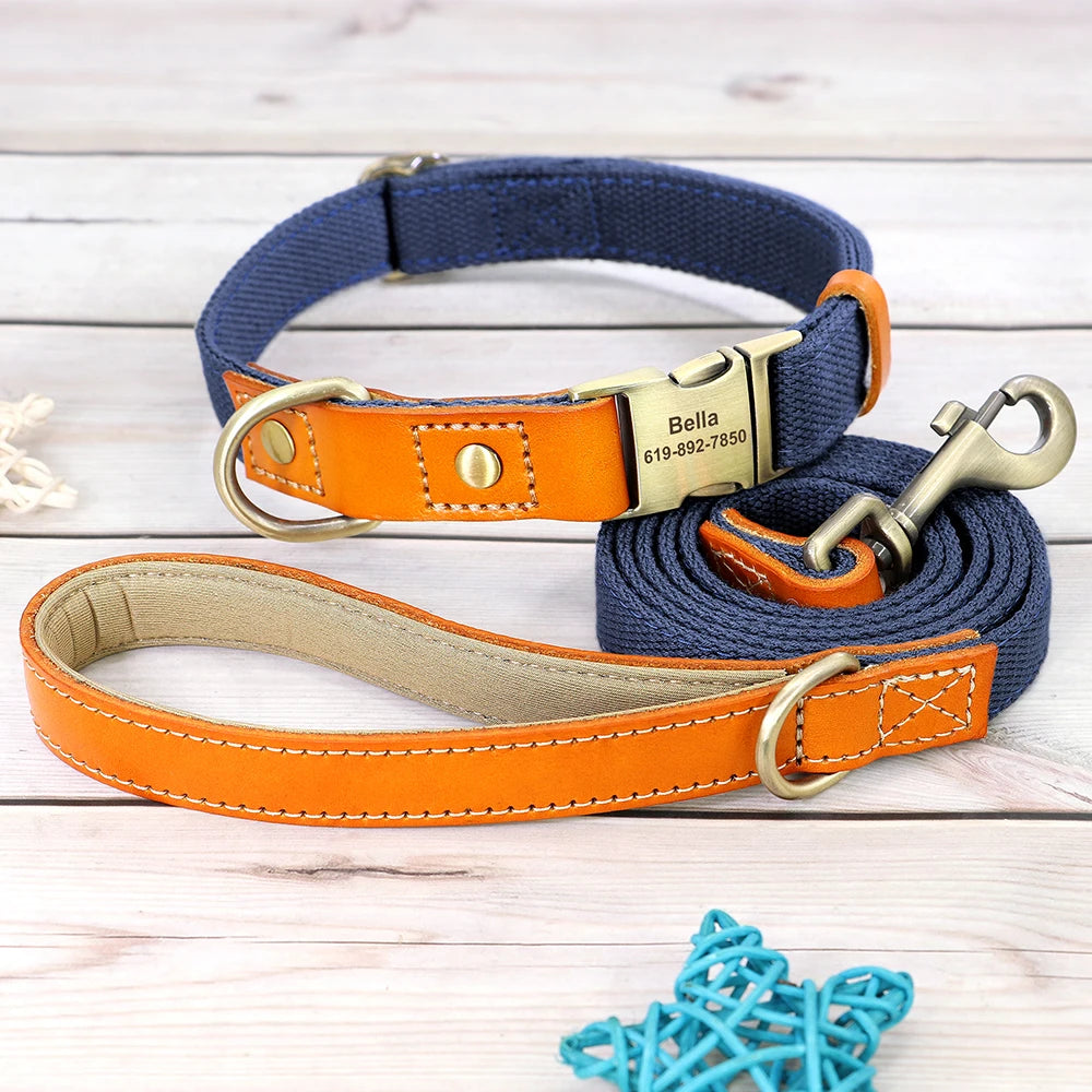 Dog Collar Real Leather Nylon Dog Collars and leash Set Durable Adjustable ID Collars for Small Medium Large Dogs - PeticaDeals