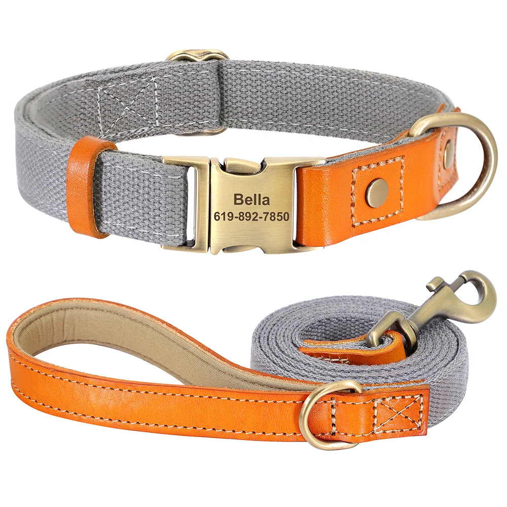 Dog Collar Real Leather Nylon Dog Collars and leash Set Durable Adjustable ID Collars for Small Medium Large Dogs - PeticaDeals