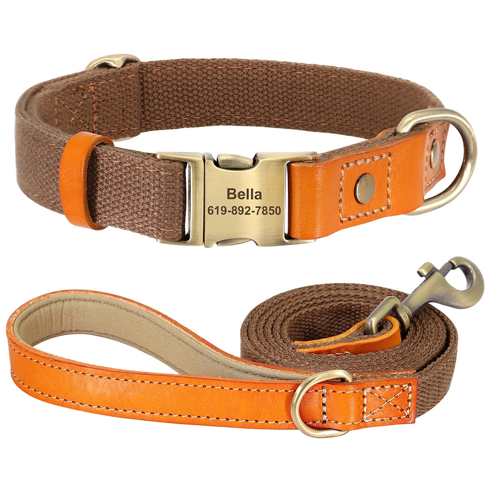 Dog Collar Real Leather Nylon Dog Collars and leash Set Durable Adjustable ID Collars for Small Medium Large Dogs - PeticaDeals