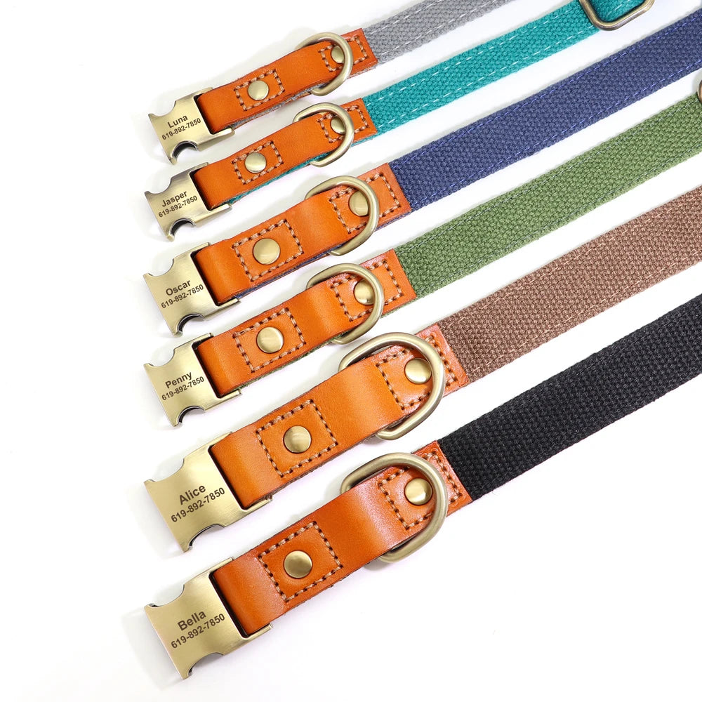 Dog Collar Real Leather Nylon Dog Collars and leash Set Durable Adjustable ID Collars for Small Medium Large Dogs - PeticaDeals