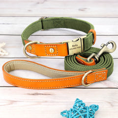 Dog Collar Real Leather Nylon Dog Collars and leash Set Durable Adjustable ID Collars for Small Medium Large Dogs - PeticaDeals