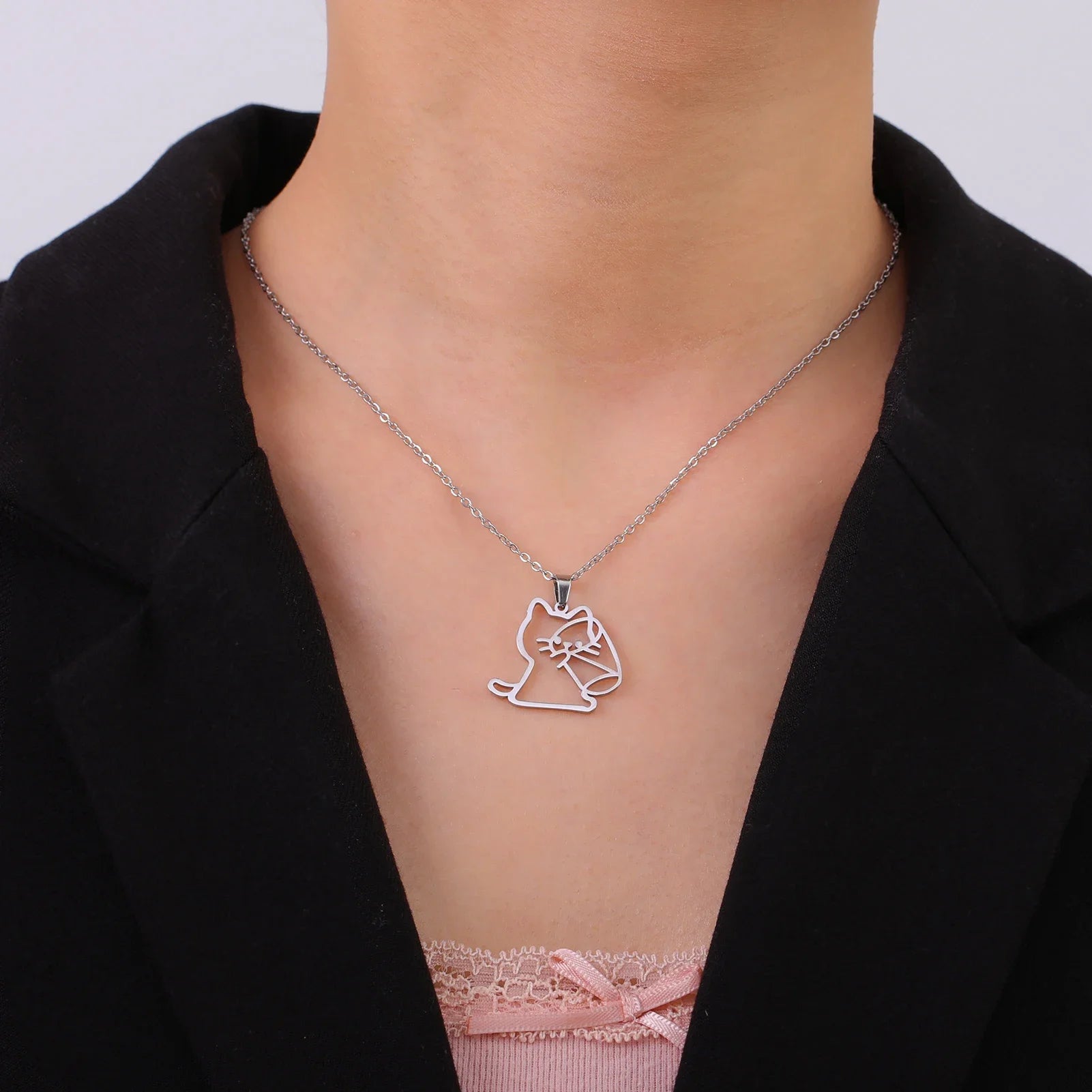 Drinking Cat Women's Necklace Stainless Steel Gold Color Animal Pendant Necklaces Jewelry - PeticaDeals