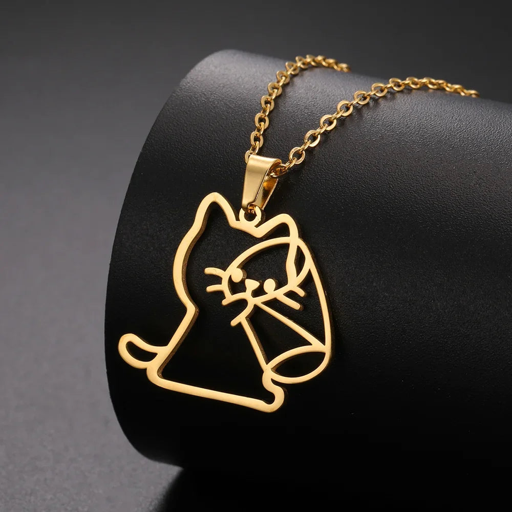 Drinking Cat Women's Necklace Stainless Steel Gold Color Animal Pendant Necklaces Jewelry - PeticaDeals