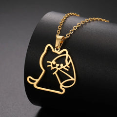 Drinking Cat Women's Necklace Stainless Steel Gold Color Animal Pendant Necklaces Jewelry - PeticaDeals