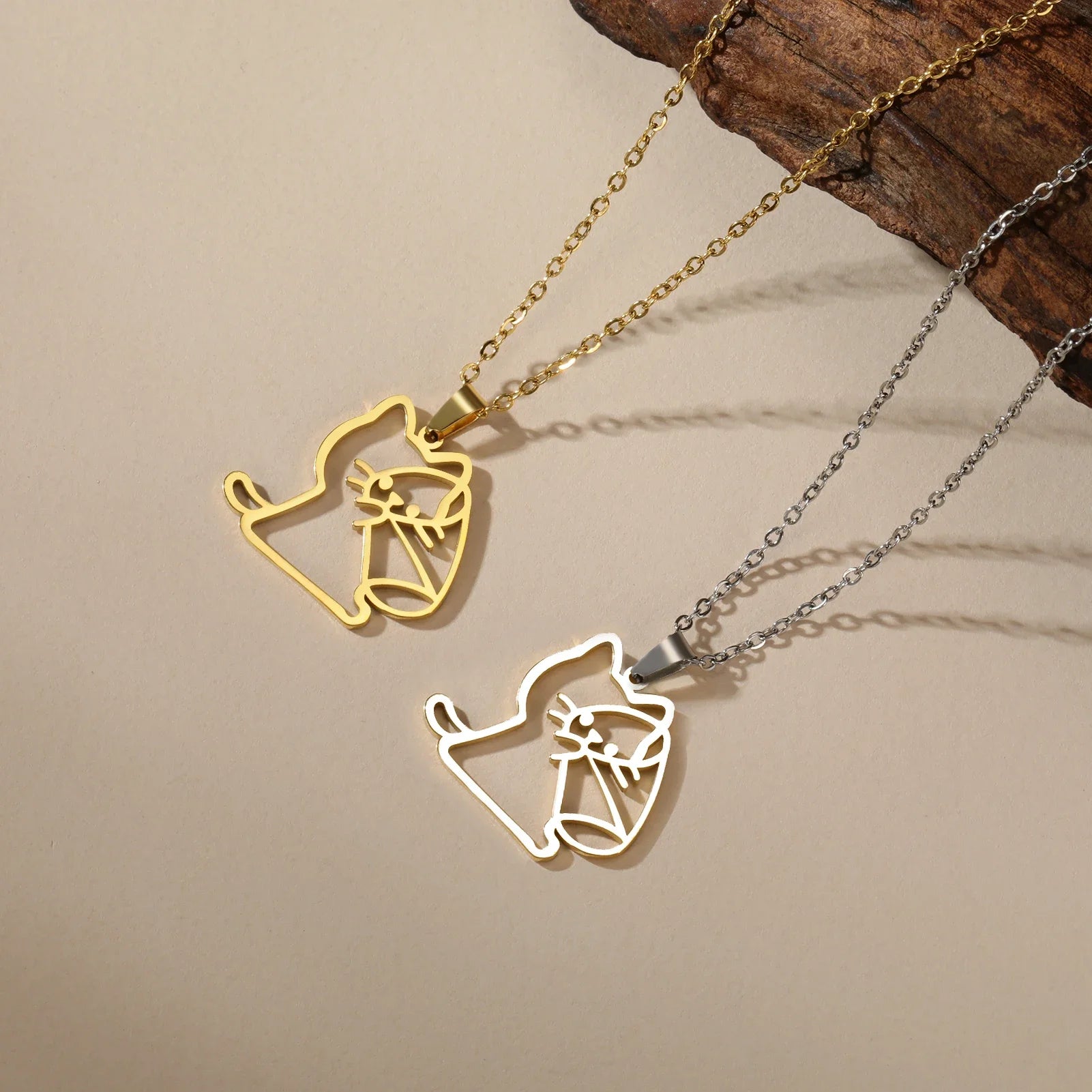 Drinking Cat Women's Necklace Stainless Steel Gold Color Animal Pendant Necklaces Jewelry - PeticaDeals