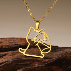Drinking Cat Women's Necklace Stainless Steel Gold Color Animal Pendant Necklaces Jewelry - PeticaDeals