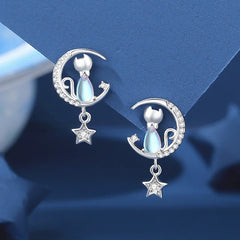 European Sparkling S925 Sterling silver Pave Cat Moon Pendant Necklace Earrings Bracelet For Women - PeticaDeals