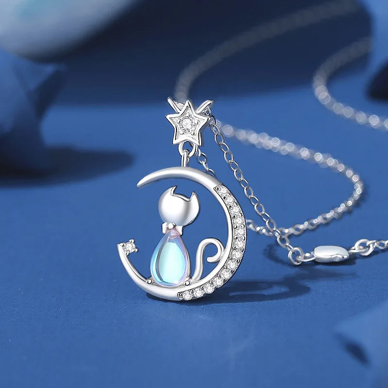 European Sparkling S925 Sterling silver Pave Cat Moon Pendant Necklace Earrings Bracelet For Women - PeticaDeals