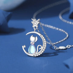 European Sparkling S925 Sterling silver Pave Cat Moon Pendant Necklace Earrings Bracelet For Women - PeticaDeals