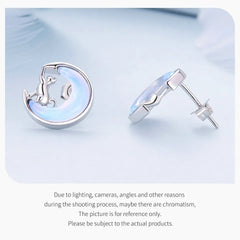 Fine Jewelry Sterling Silver Fantasy Moon Stud Earrings Cute Cat Earrings for Women - PeticaDeals