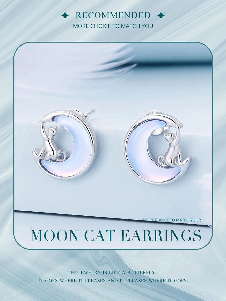 Fine Jewelry Sterling Silver Fantasy Moon Stud Earrings Cute Cat Earrings for Women - PeticaDeals