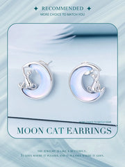 Fine Jewelry Sterling Silver Fantasy Moon Stud Earrings Cute Cat Earrings for Women - PeticaDeals