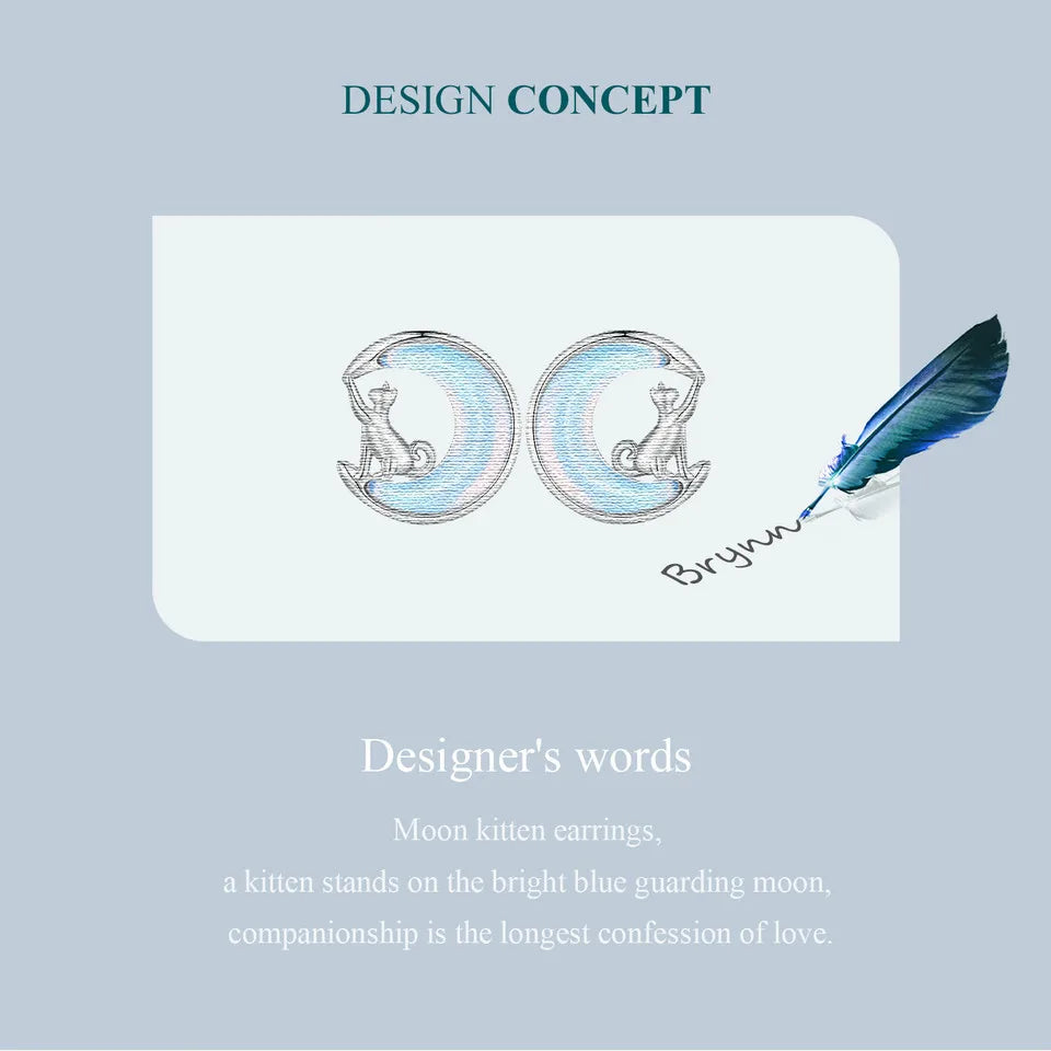 Fine Jewelry Sterling Silver Fantasy Moon Stud Earrings Cute Cat Earrings for Women - PeticaDeals