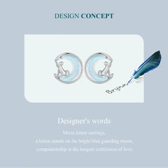 Fine Jewelry Sterling Silver Fantasy Moon Stud Earrings Cute Cat Earrings for Women - PeticaDeals