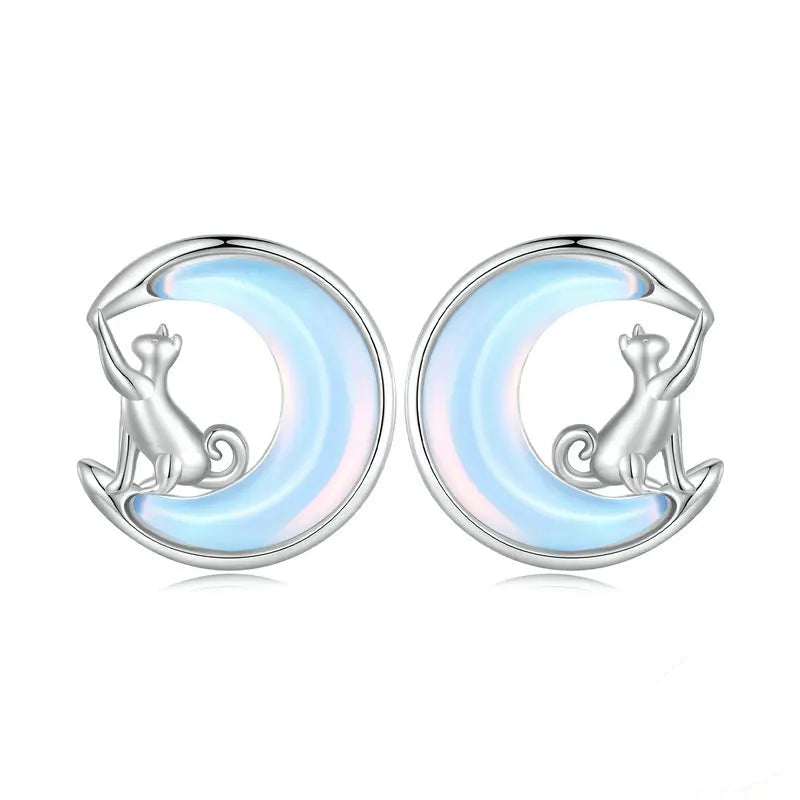 Fine Jewelry Sterling Silver Fantasy Moon Stud Earrings Cute Cat Earrings for Women - PeticaDeals