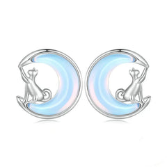 Fine Jewelry Sterling Silver Fantasy Moon Stud Earrings Cute Cat Earrings for Women - PeticaDeals
