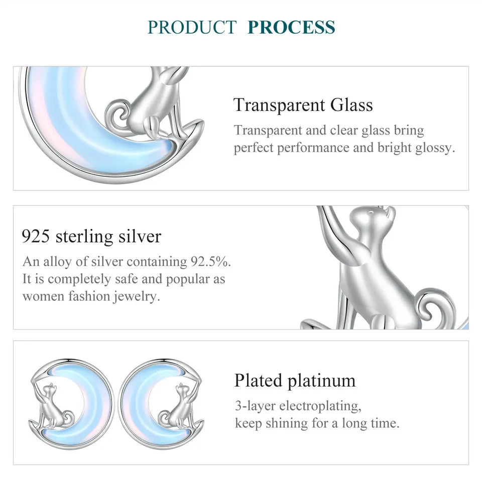 Fine Jewelry Sterling Silver Fantasy Moon Stud Earrings Cute Cat Earrings for Women - PeticaDeals