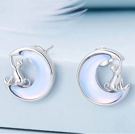 Fine Jewelry Sterling Silver Fantasy Moon Stud Earrings Cute Cat Earrings for Women - PeticaDeals