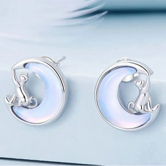 Fine Jewelry Sterling Silver Fantasy Moon Stud Earrings Cute Cat Earrings for Women - PeticaDeals