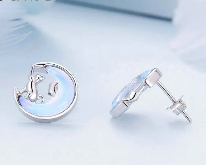 Fine Jewelry Sterling Silver Fantasy Moon Stud Earrings Cute Cat Earrings for Women - PeticaDeals