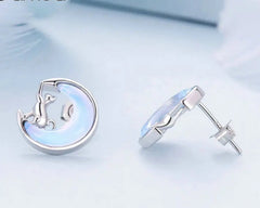 Fine Jewelry Sterling Silver Fantasy Moon Stud Earrings Cute Cat Earrings for Women - PeticaDeals