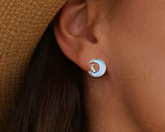 Fine Jewelry Sterling Silver Fantasy Moon Stud Earrings Cute Cat Earrings for Women - PeticaDeals