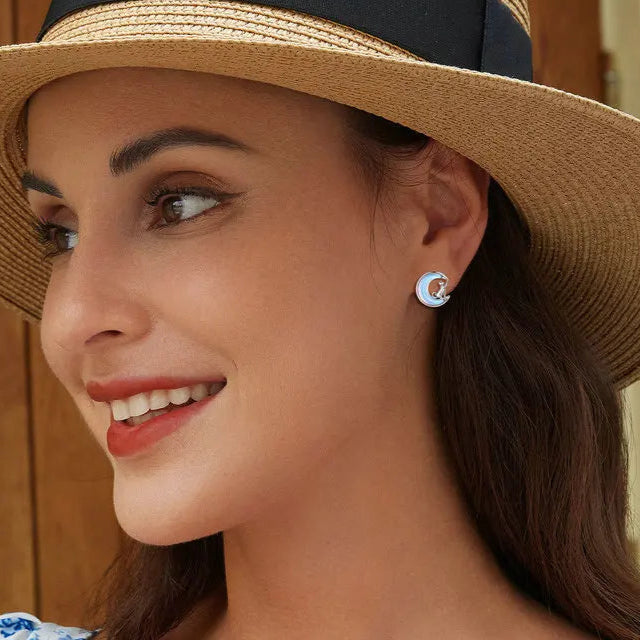 Fine Jewelry Sterling Silver Fantasy Moon Stud Earrings Cute Cat Earrings for Women - PeticaDeals