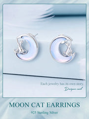 Fine Jewelry Sterling Silver Fantasy Moon Stud Earrings Cute Cat Earrings for Women - PeticaDeals