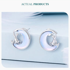 Fine Jewelry Sterling Silver Fantasy Moon Stud Earrings Cute Cat Earrings for Women - PeticaDeals