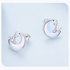 Fine Jewelry Sterling Silver Fantasy Moon Stud Earrings Cute Cat Earrings for Women - PeticaDeals