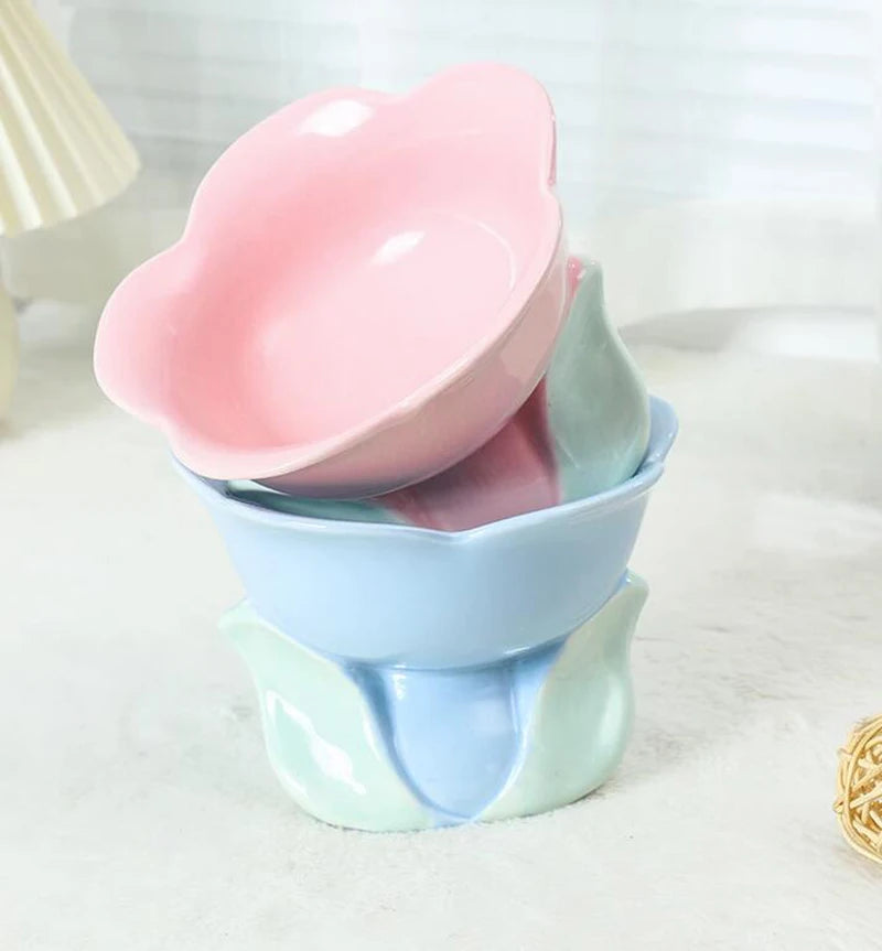 Flower Shape Ceramic Protection Bowl Lovely Large Caliber Drinking Water Food Dog Cat - PeticaDeals