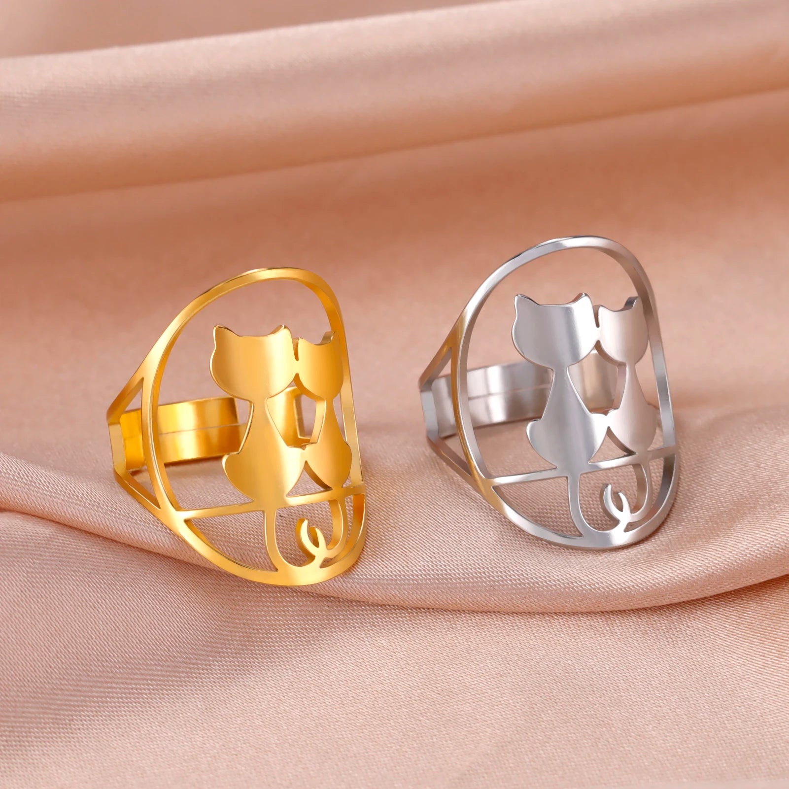 Full Moon Cat Ring for Girl Out Cute Kitten Ring Fashion Stainless Steel Jewelry - PeticaDeals