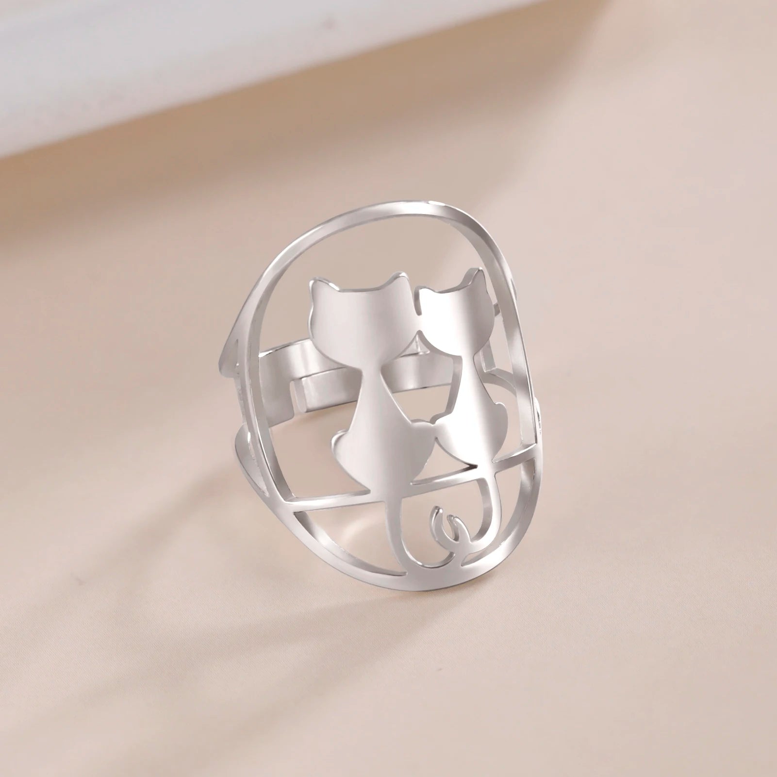 Full Moon Cat Ring for Girl Out Cute Kitten Ring Fashion Stainless Steel Jewelry - PeticaDeals