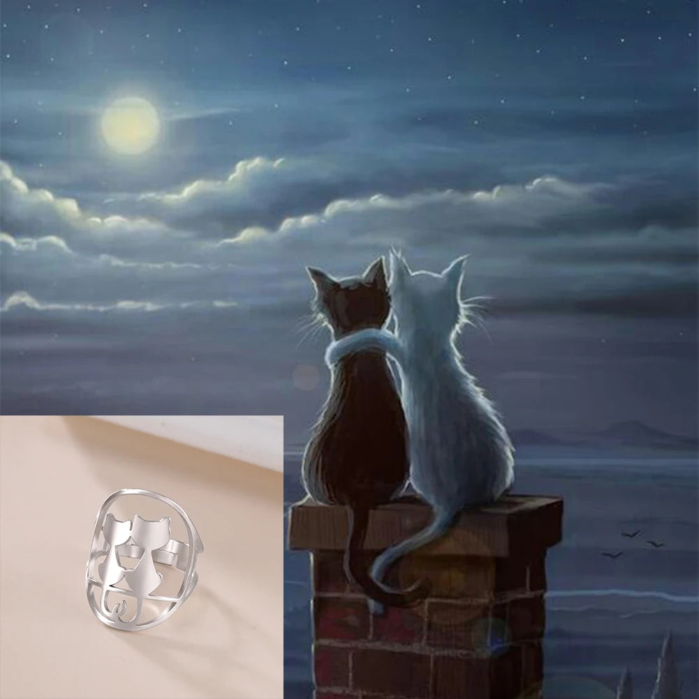 Full Moon Cat Ring for Girl Out Cute Kitten Ring Fashion Stainless Steel Jewelry - PeticaDeals
