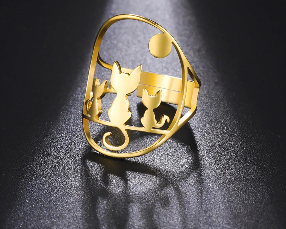 Full Moon Cat Ring for Girl Out Cute Kitten Ring Fashion Stainless Steel Jewelry - PeticaDeals