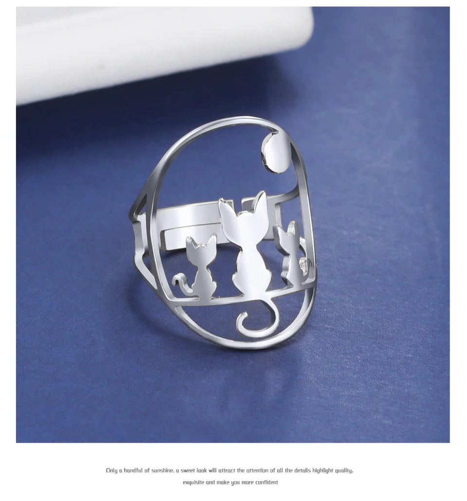 Full Moon Cat Ring for Girl Out Cute Kitten Ring Fashion Stainless Steel Jewelry - PeticaDeals