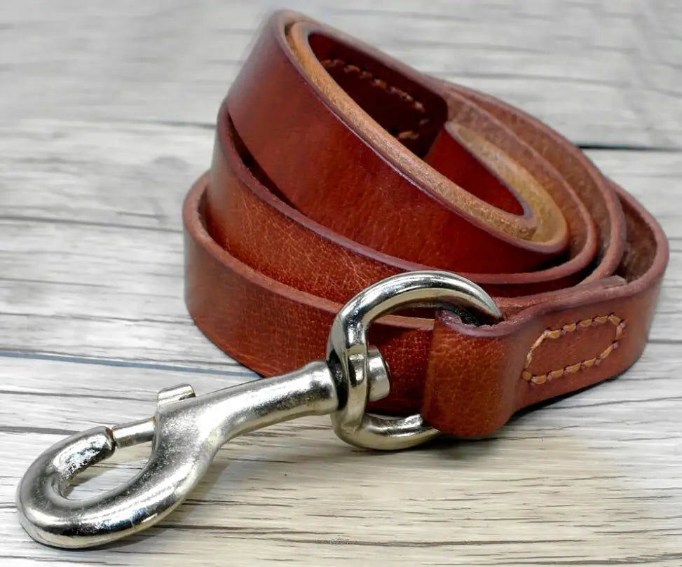 Genuine Leather Dog Leash Pet Training Lead Prevent Bite - PeticaDeals