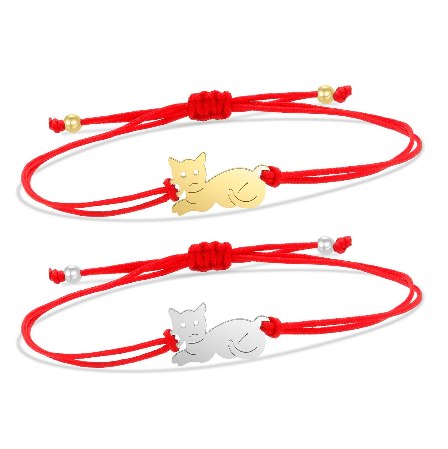 Gold-plated Stainless Steel Delicate Polished Cute Cat Charm Bracelet Women Fashion Red String - PeticaDeals