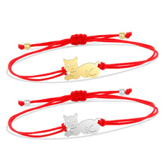 Gold-plated Stainless Steel Delicate Polished Cute Cat Charm Bracelet Women Fashion Red String - PeticaDeals