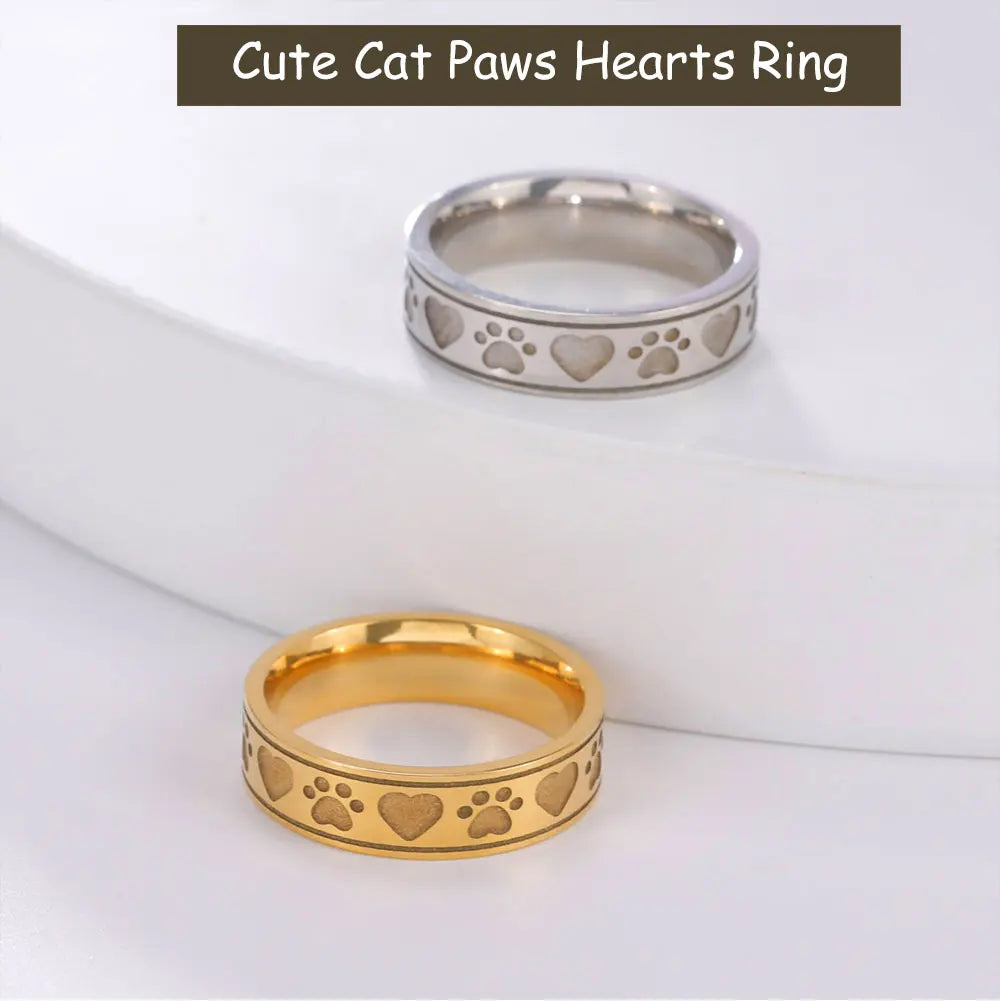 Gold Color Hearts Cat Paws Women's Ring Stainless Steel - PeticaDeals