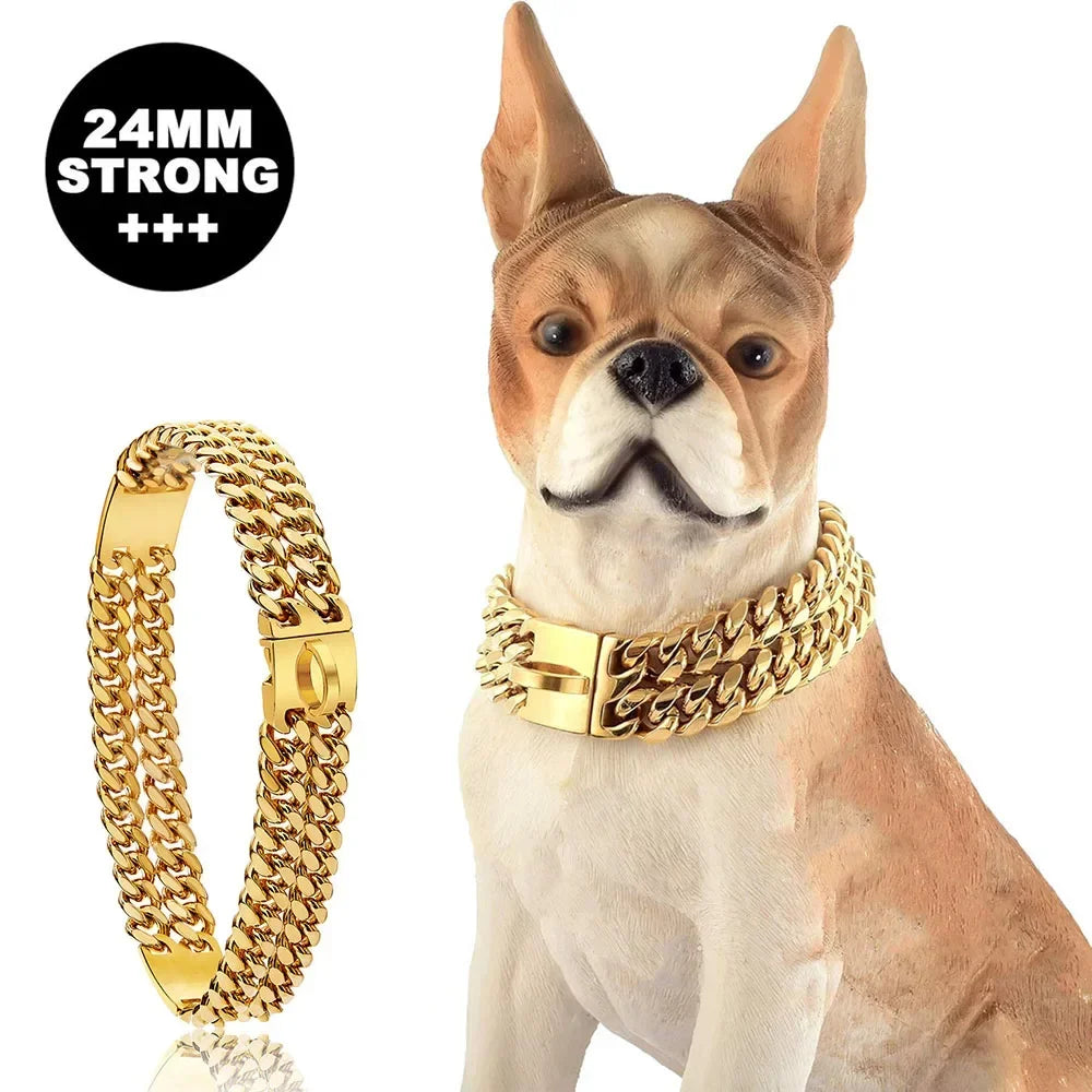 Gold Dog Chain Collar with Heavy Duty Double Row Chain 24MM - PeticaDeals